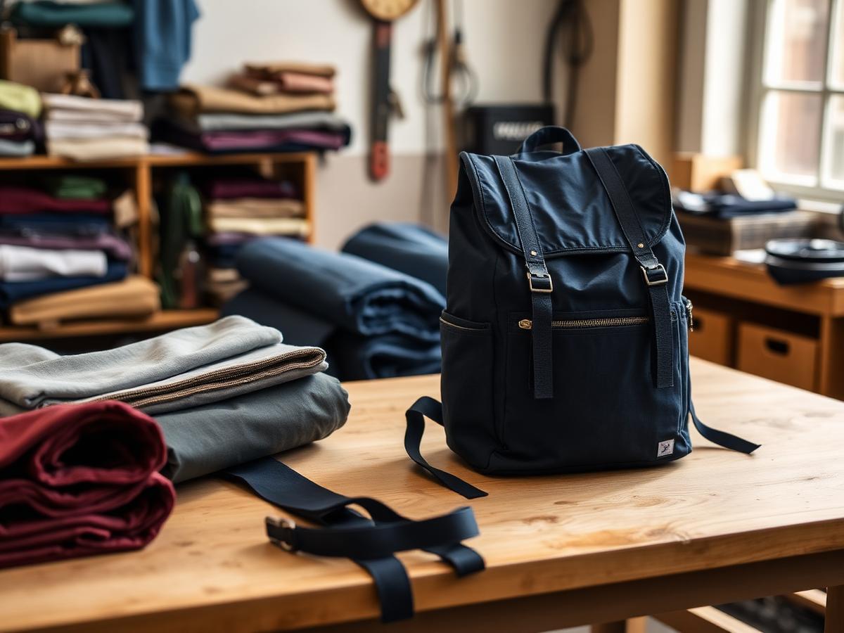 Workshop table with bag fabrics, straps and a finished navy backpack