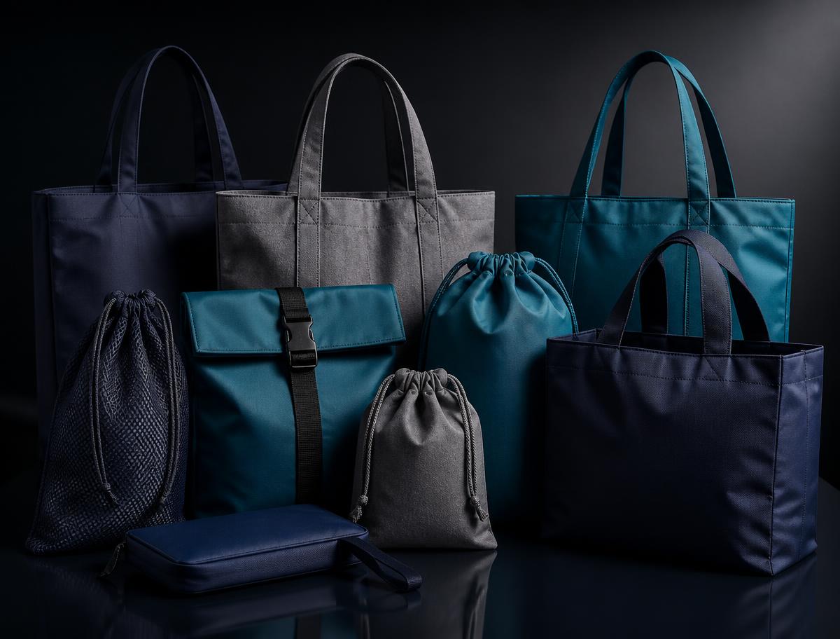 Assorted complimentary tote, drawstring and gift bags in navy, teal and grey