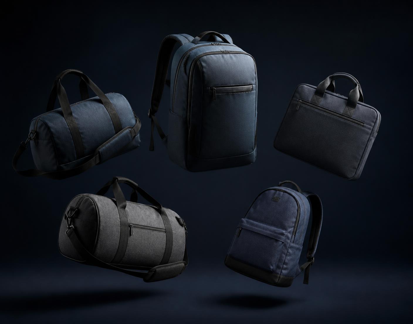 Premium backpack, travel duffle, laptop bag, gym bag and school bag arranged in a studio composition